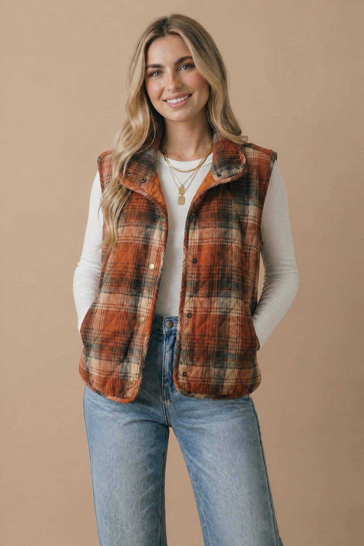 Plus Plaid Quilted Snap Button Puffer Vest: RUST / 1X