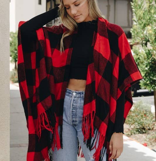 Buffalo Check Tassel Ruana - Fall & Winter Staple 🦬: Red/Black