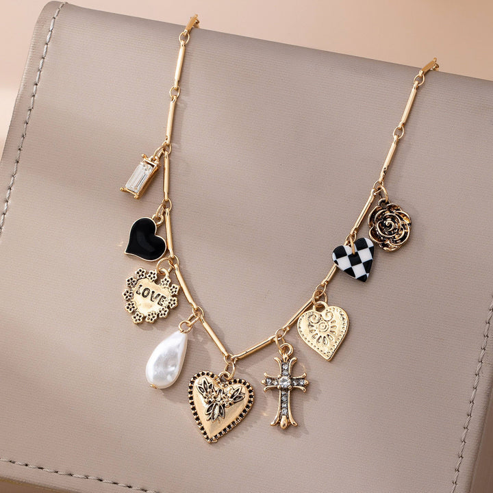 CHARM NECKLACE-HEART CHECKER CROSS CHARM